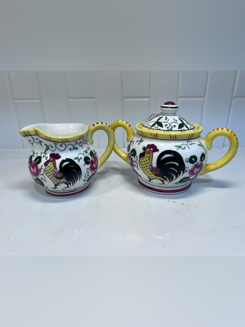 Vintage Early Provincial Ucagco Rooster And Rooster Cream And Sugar Set